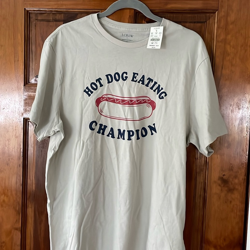 Men’s JCrew gray short sleeved T-shirt, Hot Dog Eating Champion
